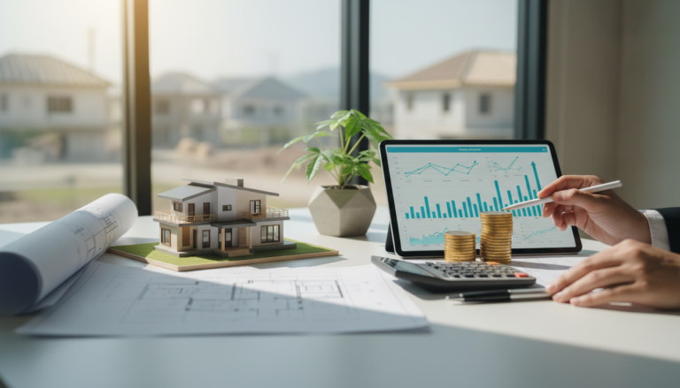 Profesjonalny plan budowy domu z kalkulatorem i dokumentacją finansową na biurku architekta.